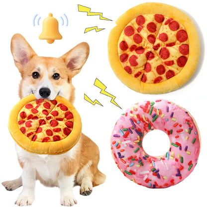 Plush Dog Toy in Doughnut & Pizza Shape – Squeaky Chew Toy for Small & Large Dogs, Teeth Cleaning Puppy Toy