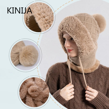 Women's Winter Velvet Knitted Woolen Balaclava - Fluffy Ear Protection Mask with Integrated Neck Warmer, Hooded Cap for Ladies