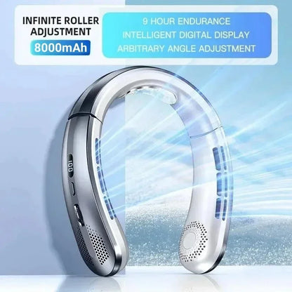 8000mAh USB Neck Fan - Portable Bladeless Rechargeable Cooling Fan with LED Display for Outdoor & Handheld Use