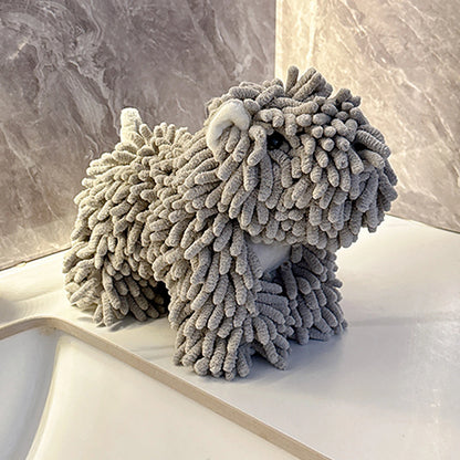 Cute Cartoon Dog Chenille Hanging Hand Towel – Soft, Absorbent Bathroom & Kitchen Drying Puff
