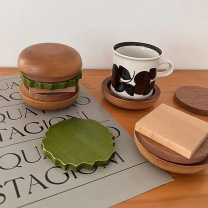 6PCS Hamburg Shape Teacup Tray Set – Solid Wood Coasters for Cupcakes, Snacks & Desserts, Anti-slip Burger Insulation Mats