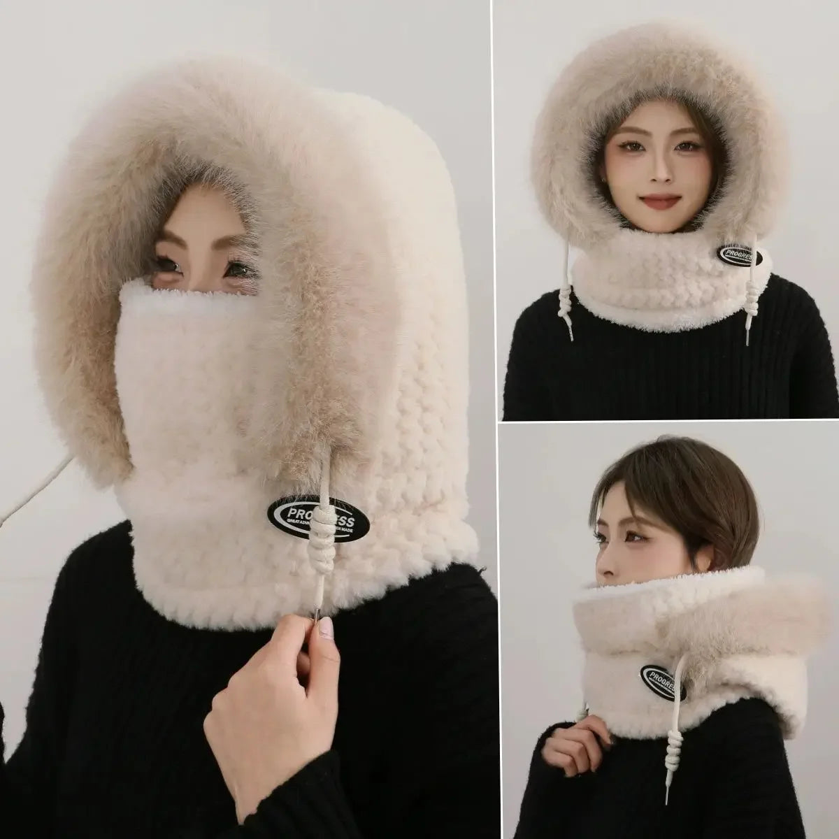 Women’s Winter Plush Hat with Hood & Scarf – Warm Thick Windproof Thermal Cap with Ear Protection for Outdoor Cycling & Riding
