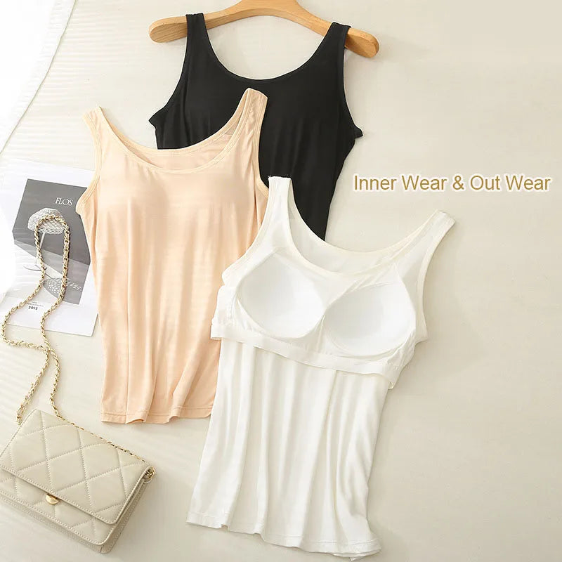 Women’s Modal Plus Size Tank Top - Soft Built-In Chest Pad Camisole with Comfortable Integrated Wear-Free Support