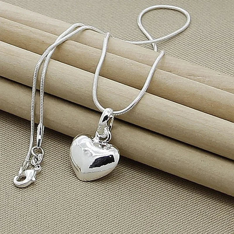 Fine 925 Sterling Silver Solid Heart Necklace — 18–24 Inch Snake Chain for Women, Wedding Charm, Luxury Fashion Jewelry