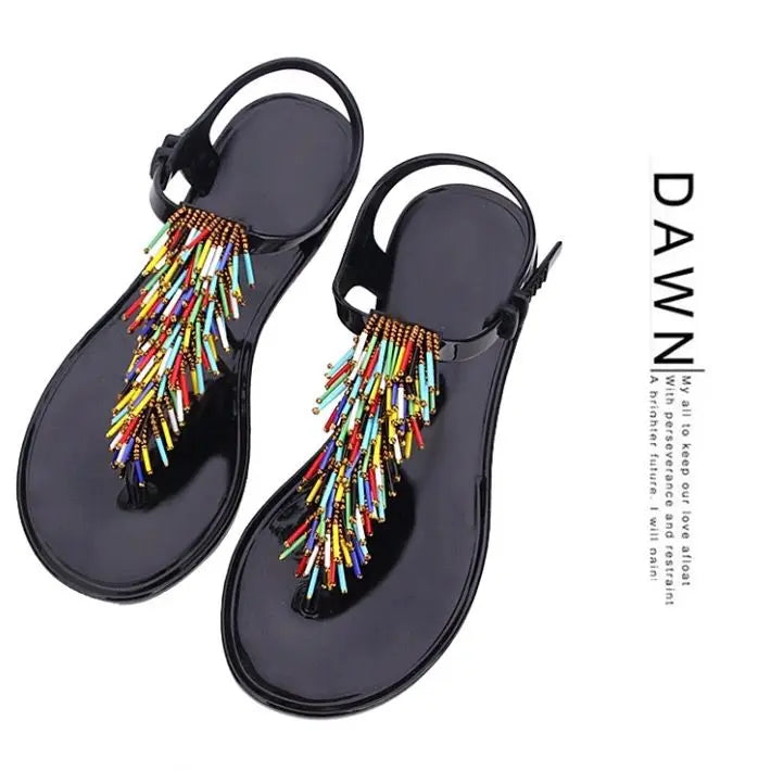 Women's Black Crystal PVC Flip-Flop Sandals – Low Heel Summer 2024 Luxury Footwear