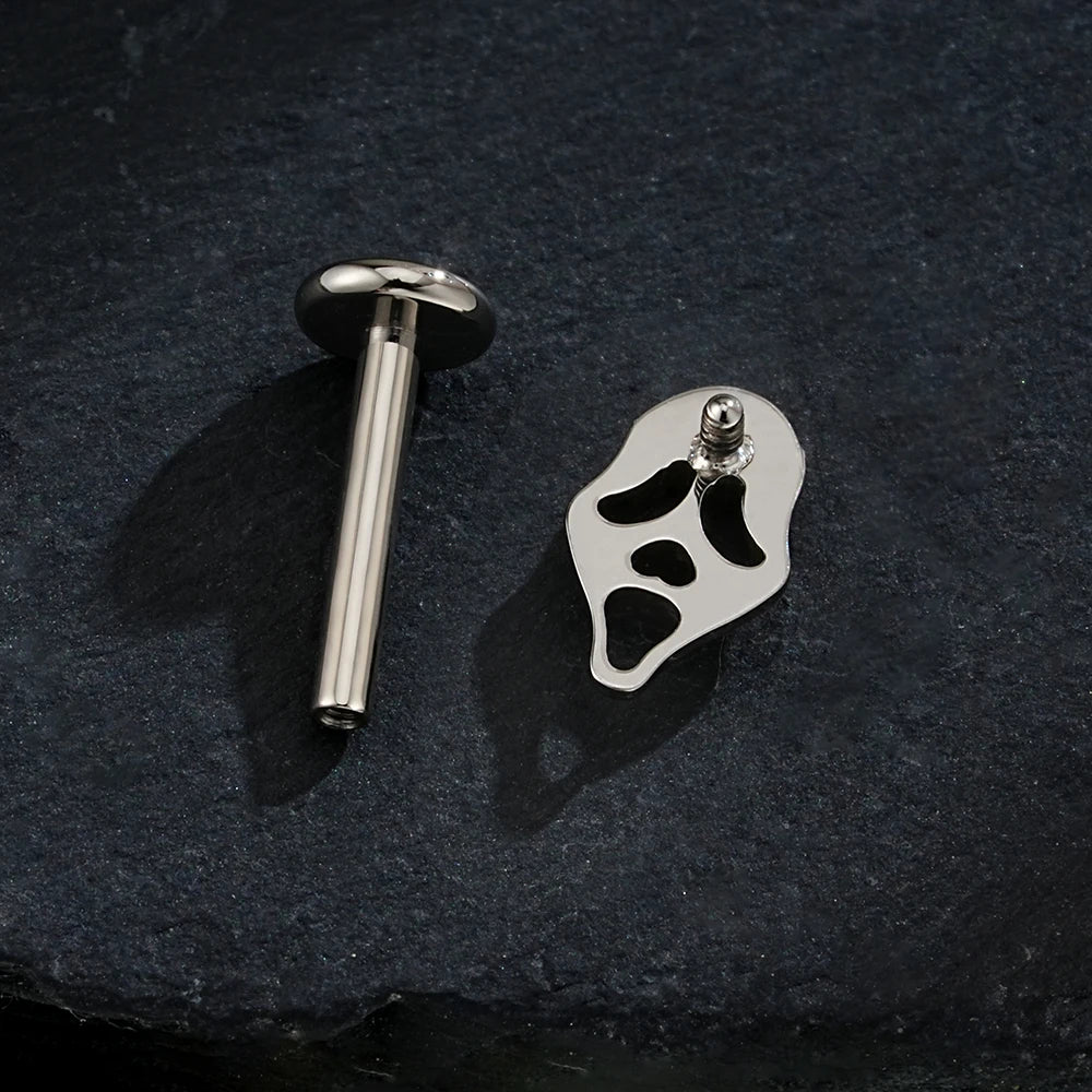 Right Grand ASTM F136 Titanium 16G Ghost Face Flat Back Earring – Halloween CZ Cartilage Stud for Helix, Labret & Nose Piercing Jewelry