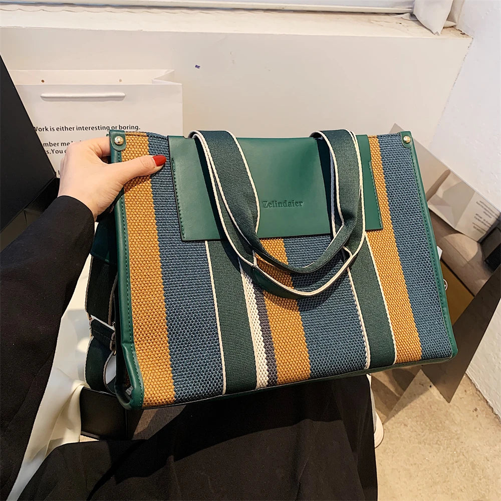 MOODS Quality Canvas Tote Bag for Women 2023 – Luxury Designer Handbag, Contrast Color Striped, Big Shoulder Crossbody Shopper Totes