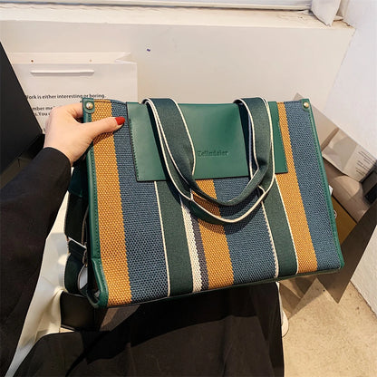 MOODS Quality Canvas Tote Bag for Women 2023 – Luxury Designer Handbag, Contrast Color Striped, Big Shoulder Crossbody Shopper Totes