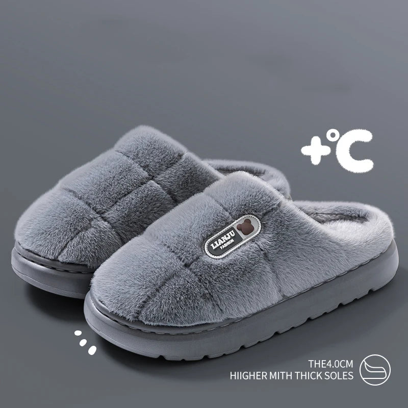 Large Size 50-51 Winter Slippers — Thick Sole Indoor Cotton Slippers for Men & Women, Warm Non-Slip Platform Shoes