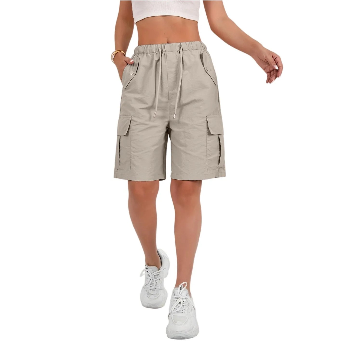 Women’s High-Waisted Cargo Shorts - Loose Straight-Leg Drawstring Sports Shorts with Multiple Pockets