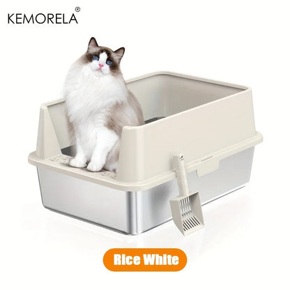 Super Large XL Stainless Steel Cat Litter Box with Lid – High Side Closed Design for Large & Small Cats, Includes Scoop