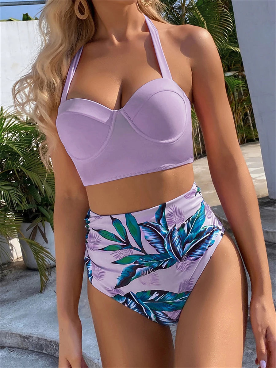 Women’s Butterfly Print Push Up Bikini Set - High Waist Padded Swimsuit for Summer Beachwear