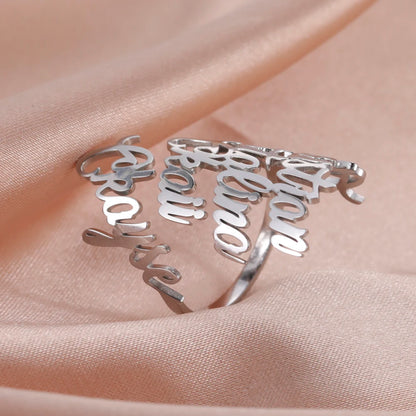 Custom Fishhook Double Name Finger Ring - Personalized Family & Couple Love Gift for Women & Men, Gold Stainless Steel Jewelry