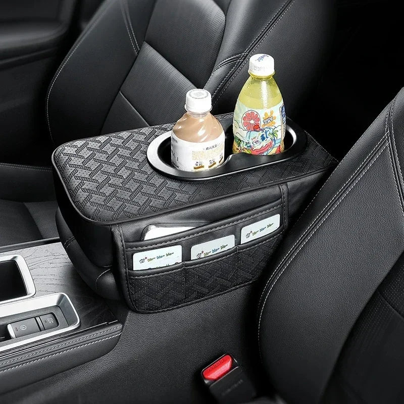 Universal Car Center Console Organizer Armrest Cover – Thickened Storage Pad with 2 Side Pockets & Dual Cup Holders for Cars & SUVs