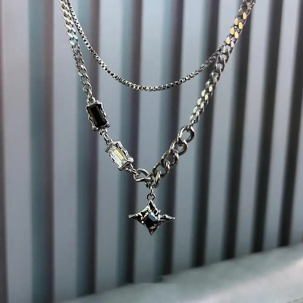 Hip Hop Zircon Star Double Layer Necklace - Titanium Steel Pendant Chain for Men & Women, Unisex Trendy Jewelry