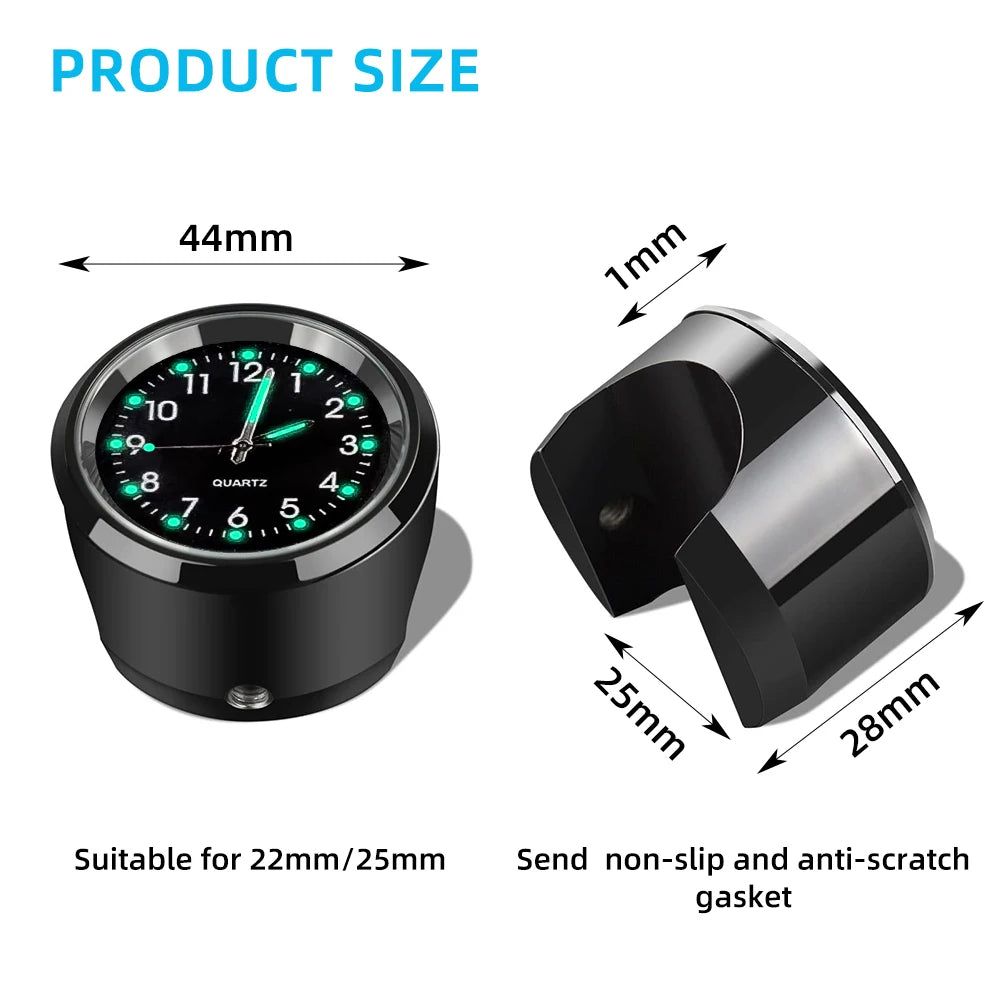 Chrome Waterproof Motorcycle Clock - 7/8" Handlebar Mount Quartz Watch with Luminous Dial - Aluminum Moto Accessory