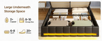Twin Size Bed Frame with Lift-Up Storage – Charging Station, LED Lights & Upholstered Headboard, Heavy Duty Wooden Slats