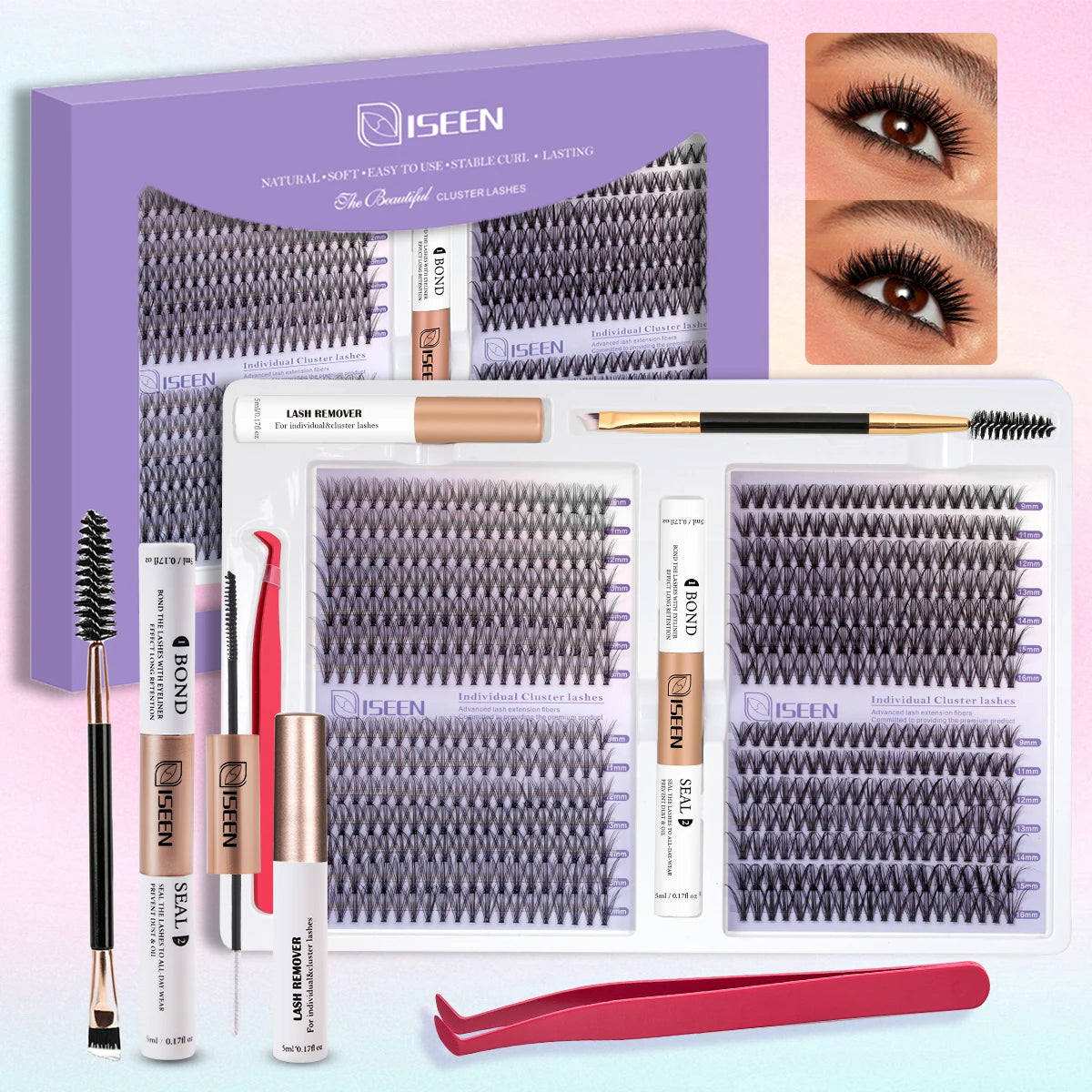 DIY Eyelash Extension Kit – Cluster Mix Eyelashes Set with Lash Bond & Seal, Tweezers & Brush for Full Lash Look