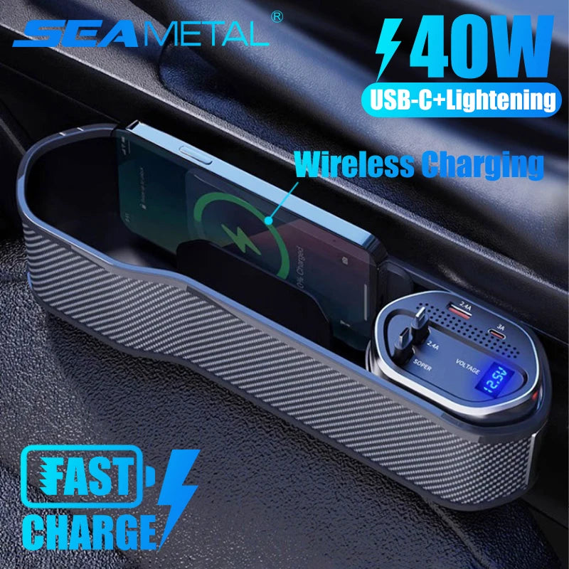 SEAMETAL Wireless Charging Car Seat Gap Organizer – 40W USB-C/Lightning Fast Charge, Auto Center Console Storage Box