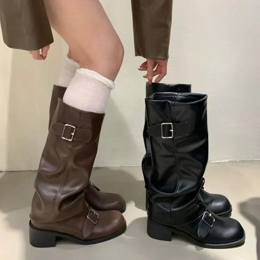 Women’s Knee-High Boots – Platform Chunky Heel Punk Gothic New Rock Leather Motorcycle Footwear Q221