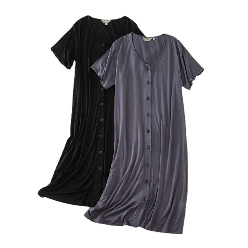 Women’s Modal Short-Sleeve Night Dress – Mid-Length Cotton Sleep Top with Buttons, Plus Size Pajamas