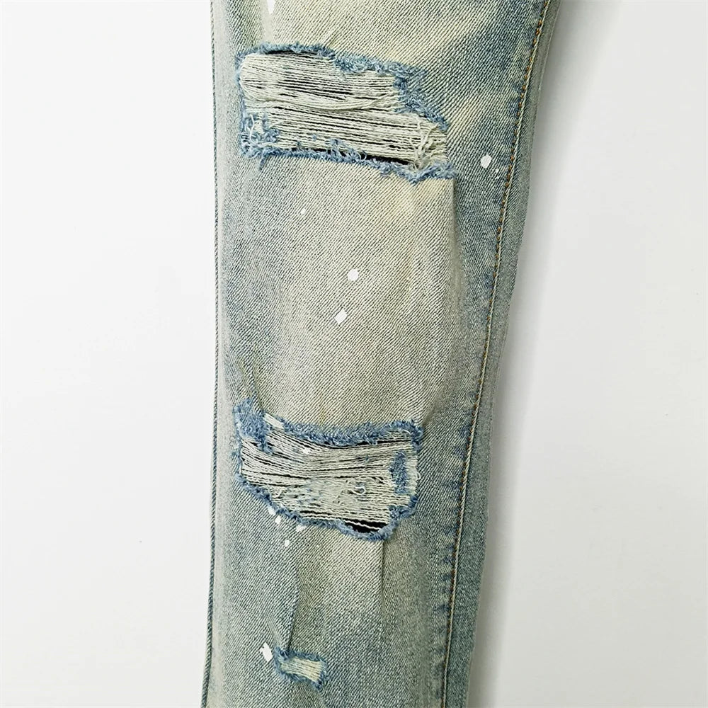 Men's Graffiti Washed Jeans - Retro Distressed Low Rise Skinny Denim Pants