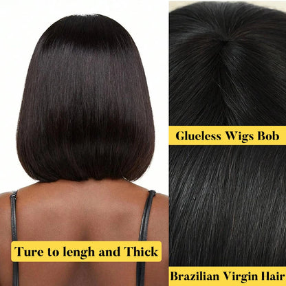 Short Straight Bob Wig with Bangs - 100% Human Hair, 180% Density for Women