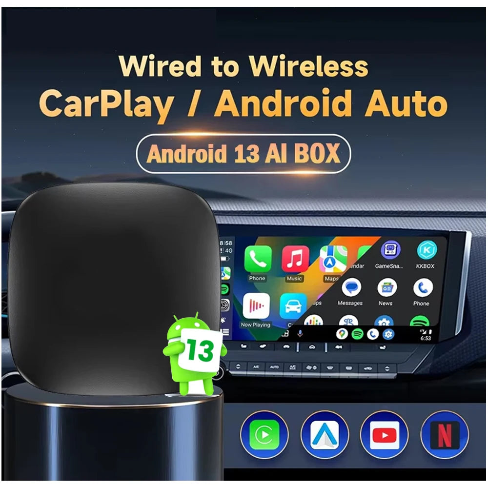 Android 13 CarPlay AI Box – Wireless Android Auto and CarPlay Adapter, TV Box for Netflix and YouTube, Smart Car Intelligence System