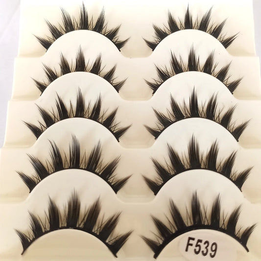 Natural Long False Eyelashes 5 Pairs - Cosplay Makeup Cross Strip Black Cat Eye Lashes for Dramatic Looks
