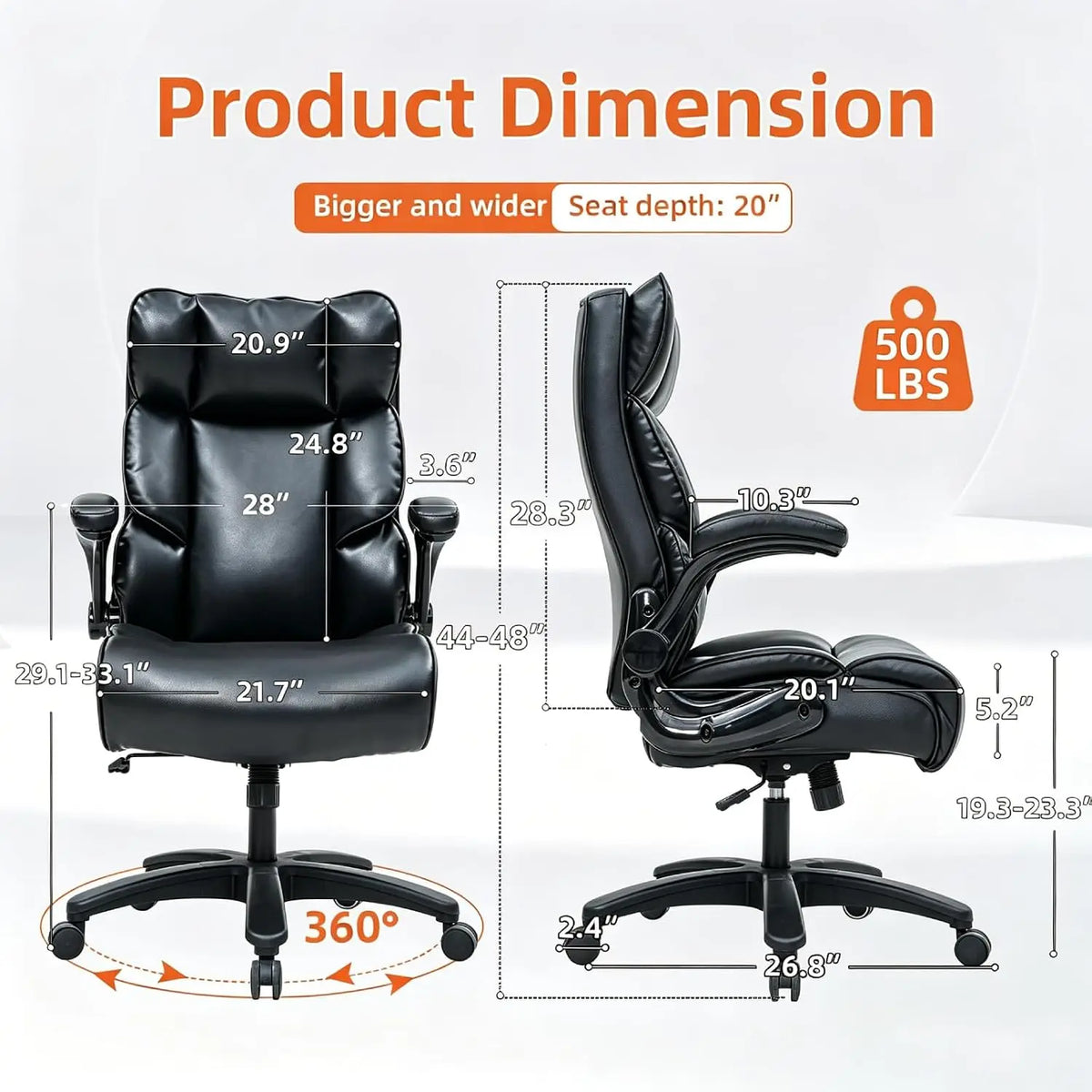 500LB Heavy Duty Office Chair - Ergonomic High Back PU Leather Executive Desk Chair for Big & Tall Users