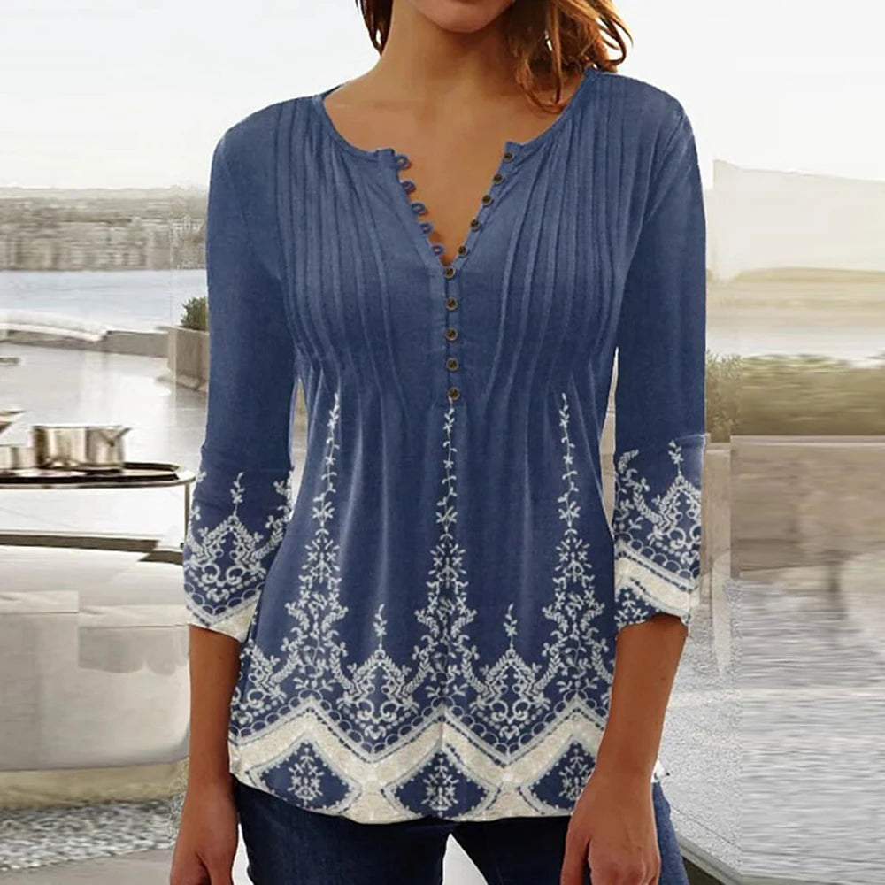2024 Trendy 3D Printed Women’s Blouse Shirt – V Neck Button-Up 3/4 Sleeve Elegant Spring Summer Fashion Top