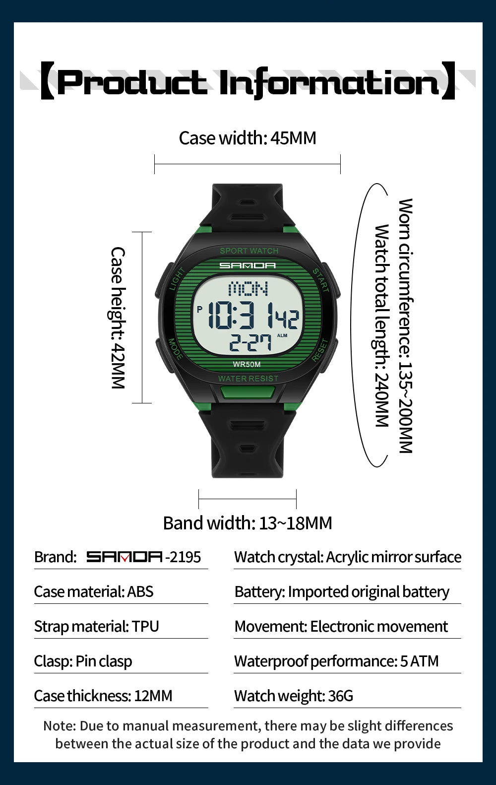SANDA 2195 Square Digital Watch - Multifunction Waterproof LED Sports Wristwatch for Students