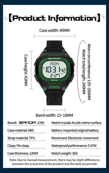 SANDA 2195 Square Digital Watch - Multifunction Waterproof LED Sports Wristwatch for Students