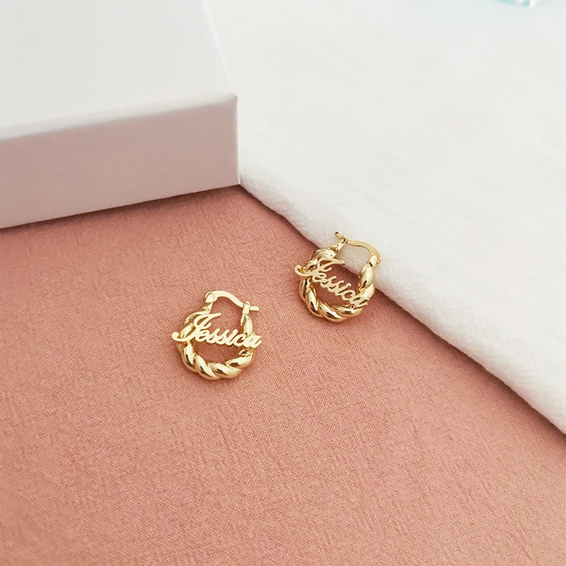 18mm Custom Name Earrings – Personalized Thick Twisted Hoop Earrings for Kids, Unique Gift Idea