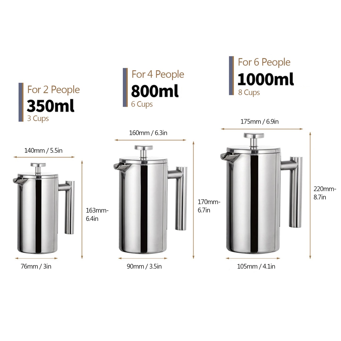 350ml/800ml/1000ml French Press Coffee Maker - Stainless Steel Double-Walled Insulated Coffee Pot