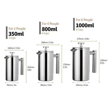 350ml/800ml/1000ml French Press Coffee Maker - Stainless Steel Double-Walled Insulated Coffee Pot