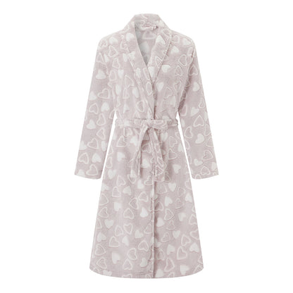 Women's Plush Flannel Bathrobe - Heart Print Fuzzy Long Sleeve Robe with Belt