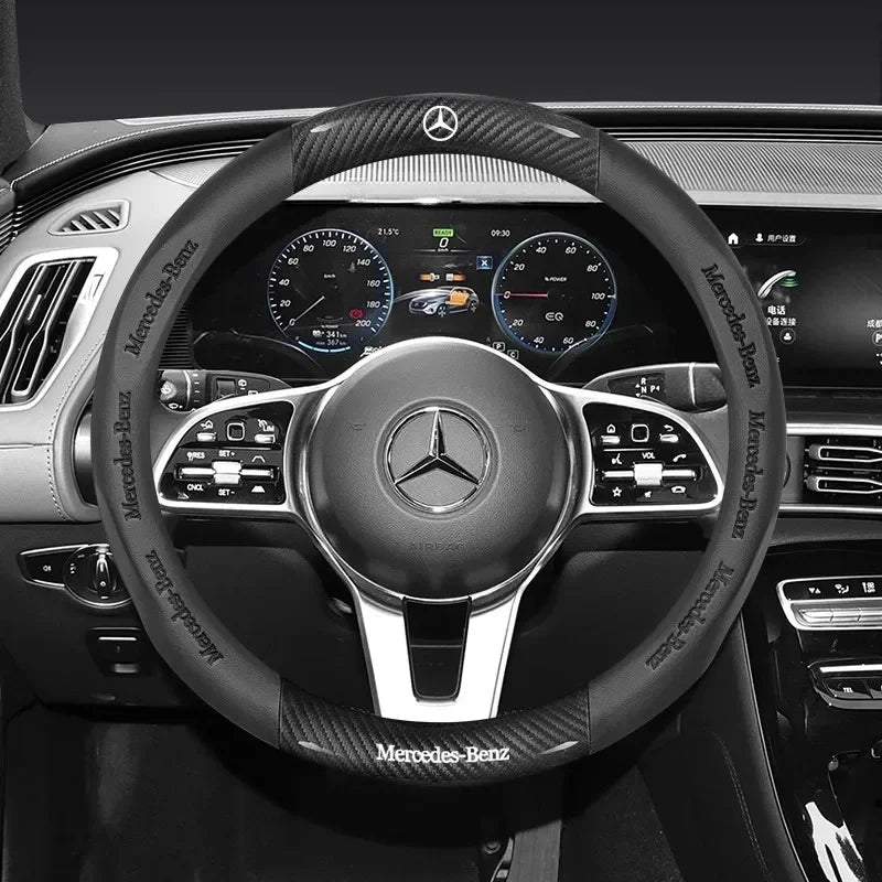 Mercedes-Benz Carbon Fiber Leather Steering Wheel Cover — Anti-Slip Fit for A/B/C/E/S/V/R-Class, C43, CLA, GLA, GLB, GLC, GLK, SLK, SL, Vito