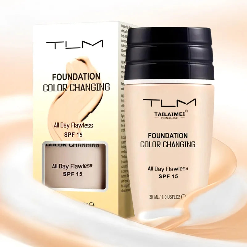 Warm-Change Liquid Foundation with Sunscreen – Waterproof, Long-Lasting Oil-Control Makeup for Easy Application and Portable Use
