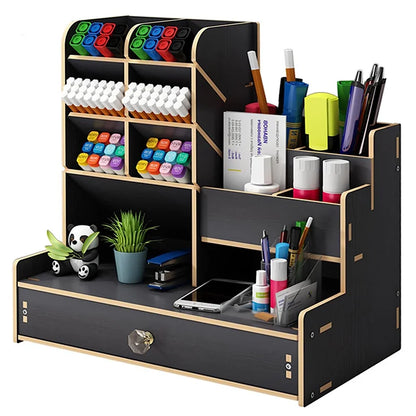 Wooden Desk Organizer DIY, Large Capacity Pen Holder with Drawer, Desktop Tidy and Stationery Storage Box for Home, Office, and School