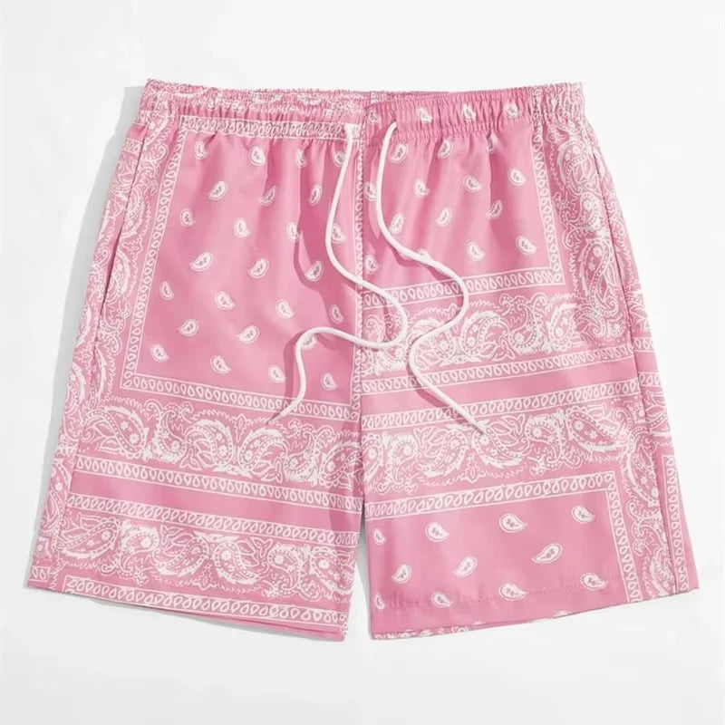 Trendy Bandana Graphic Beach Shorts - Men’s Summer 3D Printed Swim Trunks
