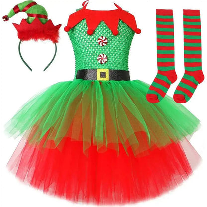 Red & Green Christmas Elf Costumes for Girls – Kids Xmas Fairy Dresses with Hat and Socks, New Year Festival Outfit