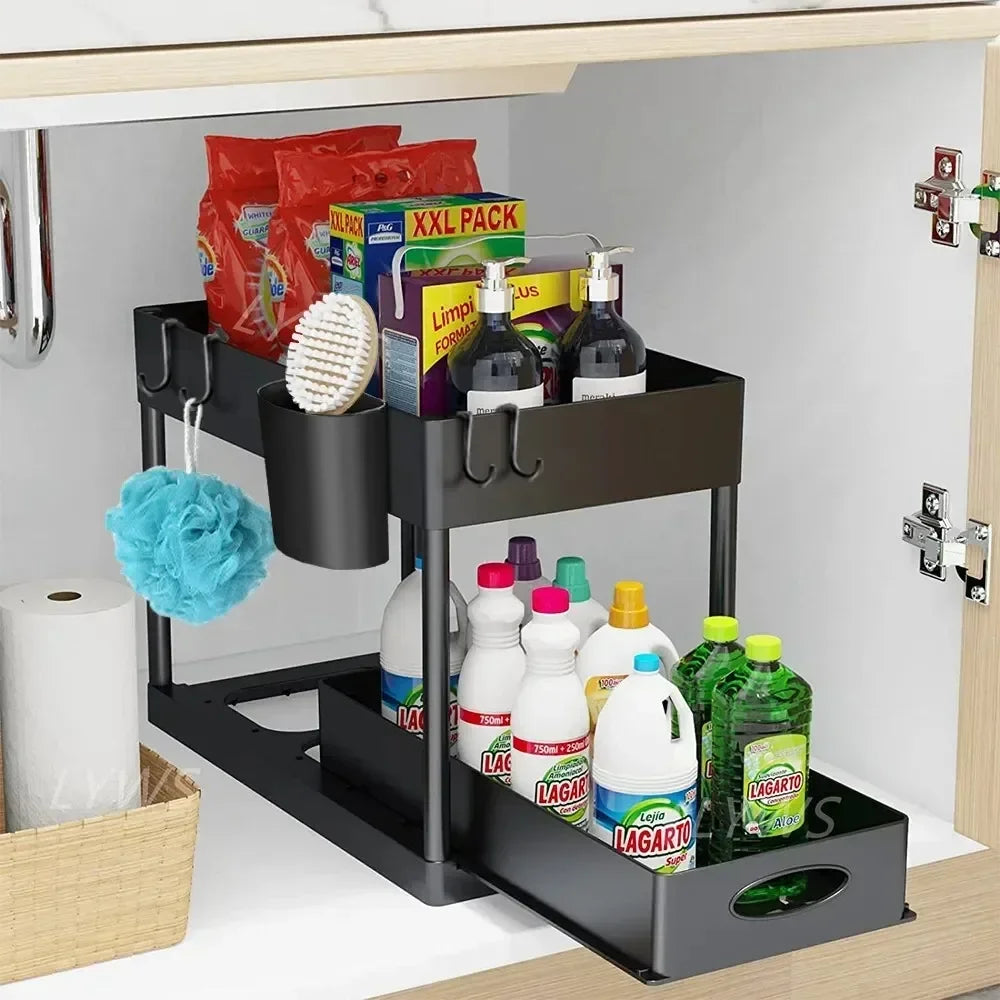 2-Tier Under Sink Sliding Organizer — Cabinet Basket Storage Rack with Hooks for Bathroom & Kitchen Cups