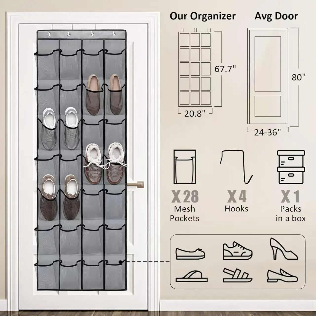 Over The Door Shoe Organizer - 12/14/24/28/35/40 Pocket Large Mesh Hanging Rack for Closet Shoe Storage
