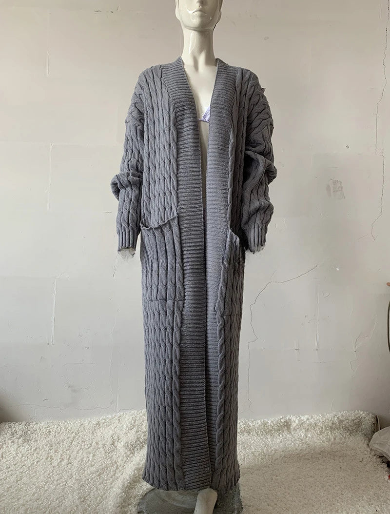 Women’s Long Knit Cardigan with Pockets – Vintage Full Sleeve Thick Autumn Winter Sweater Coat