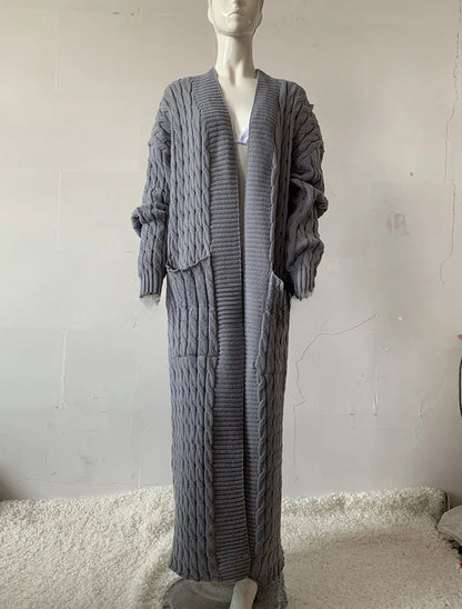 Women’s Long Knit Cardigan with Pockets – Vintage Full Sleeve Thick Autumn Winter Sweater Coat