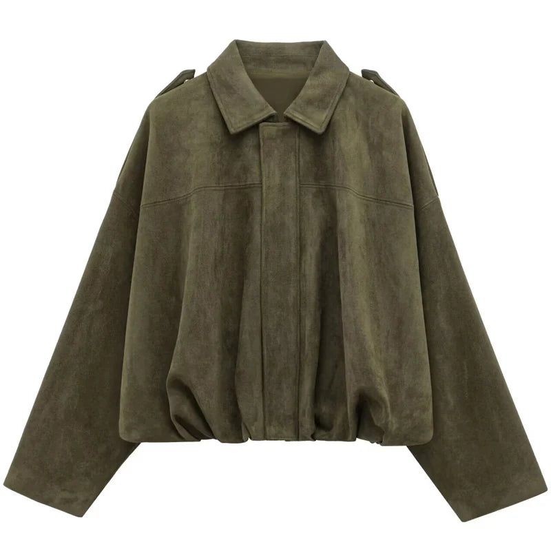 HXAO Women's Oversized Suede Cropped Bomber Jacket – Casual Batwing Sleeve Streetwear Coat