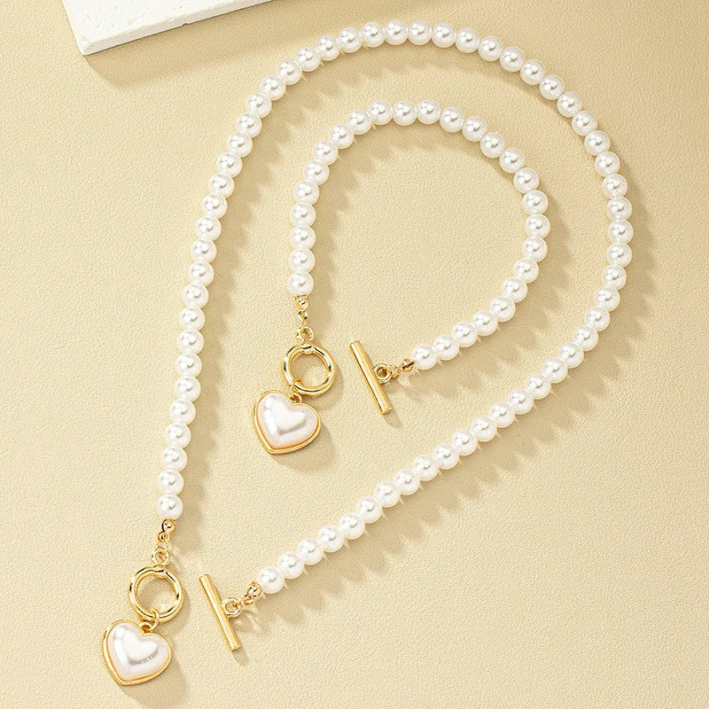 Pearl Heart Jewelry Set for Women - 2-Piece Necklace & Bracelet Imitation Pearl Chain Set