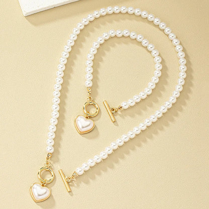 Pearl Heart Jewelry Set for Women - 2-Piece Necklace & Bracelet Imitation Pearl Chain Set