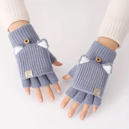 Women’s Cat Ear Fingerless Gloves - Warm Convertible Winter Gloves with Elastic Fit